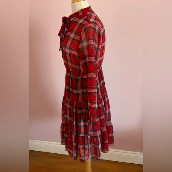 Xhilaration Red Plaid Tie-Neck Tiered Long-Sleeve Dress - Picture 3 of 8